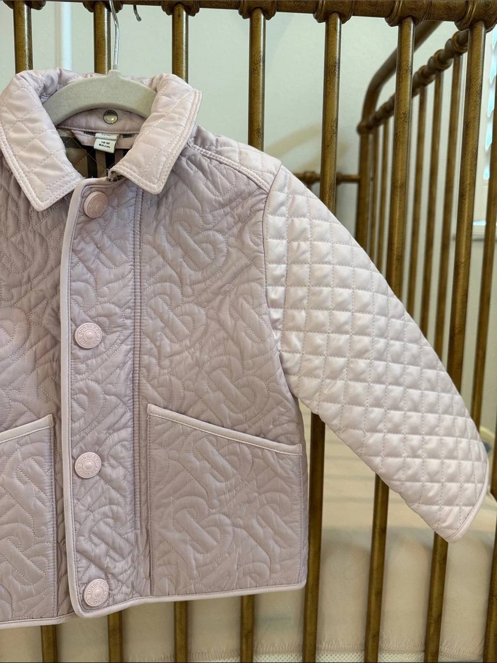 Burberry Light Pink Quilted Kids Coat with Patch Pockets